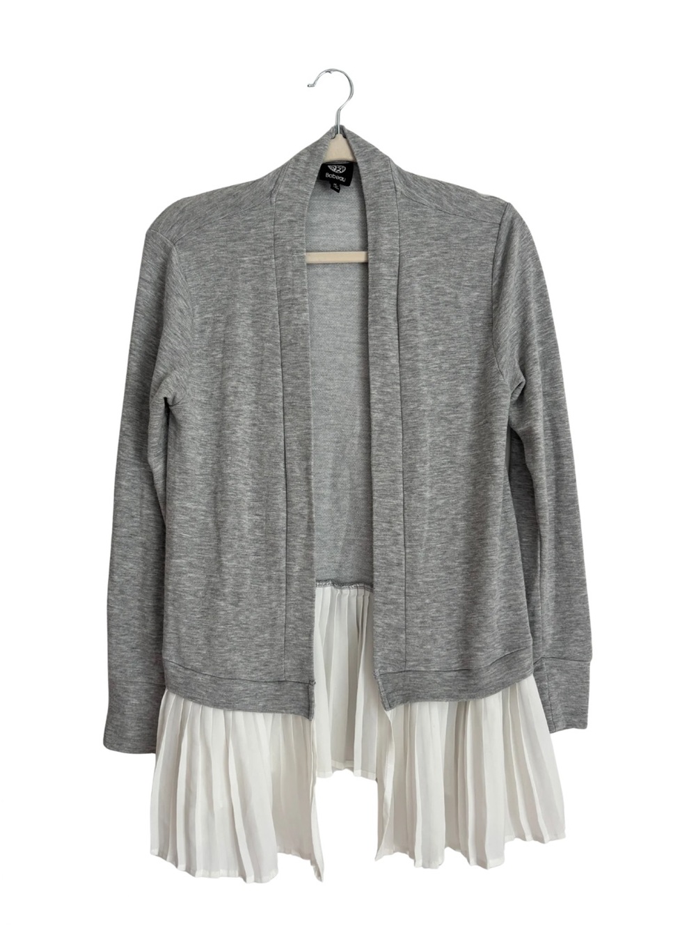 bobeau Gray Open-Front Cardigan with Pleated Cream Hem